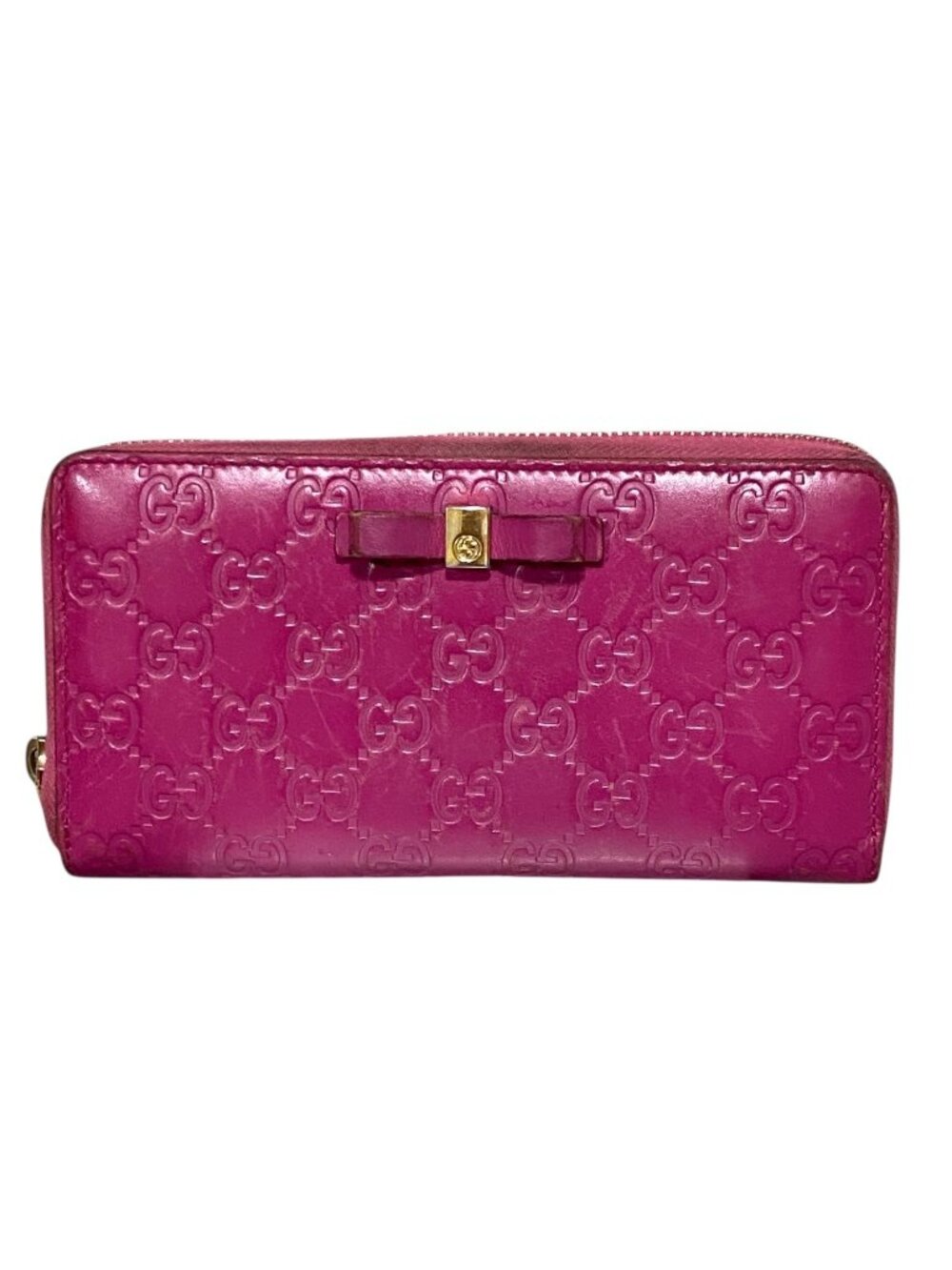 Gucci Guccissima Bow Zip Around Long Wallet in Fuschia
